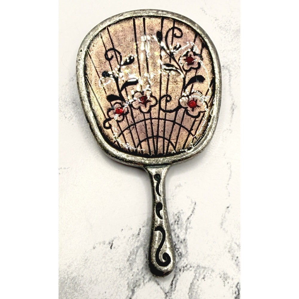 Chicos Pewter Hand Mirror Brooch Floral Rhinestone Silver Tone Vanity‎ Pin